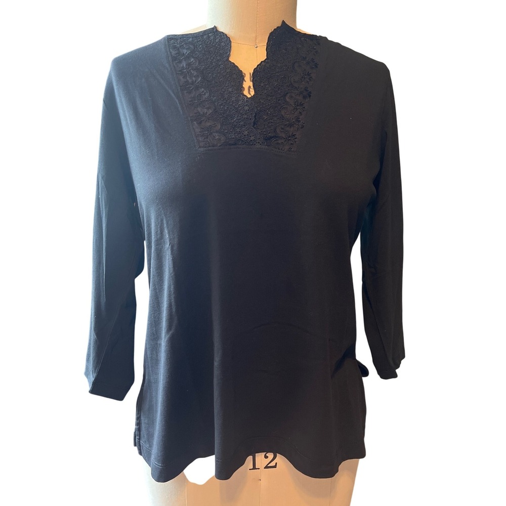 Lauren Ralph Lauren Lace Trim Top 3/4 Sleeve Cotton Blend Blouse L‎